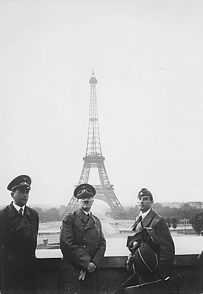Adolf Hitler in front of the Eiffel tower with Albert Speer and Arno Breker